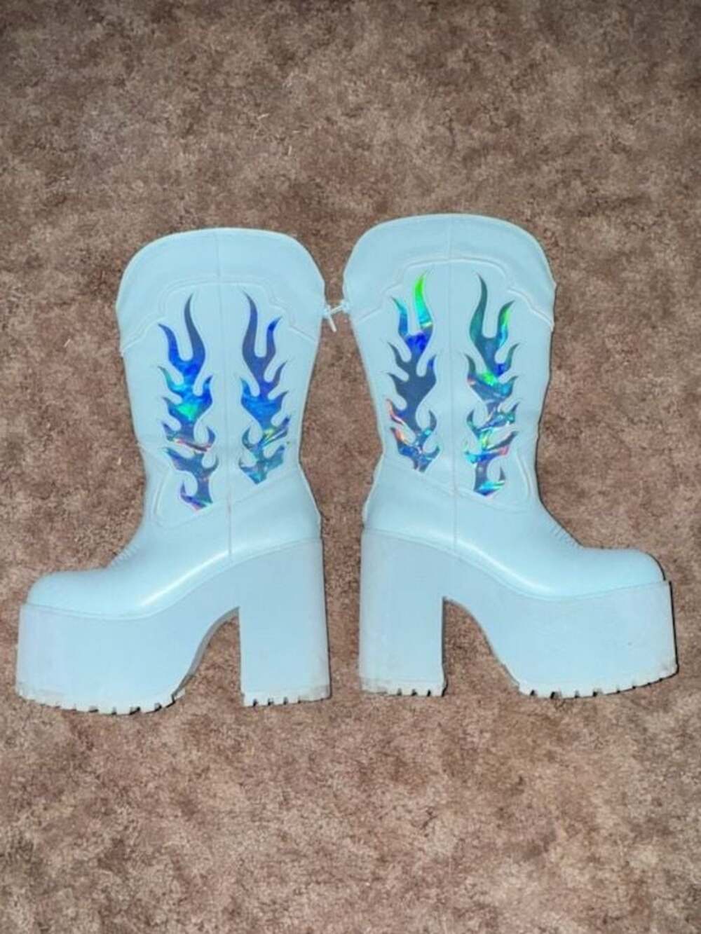 Club Exx Light Blue Holographic Flame Platform Cowboy Boots